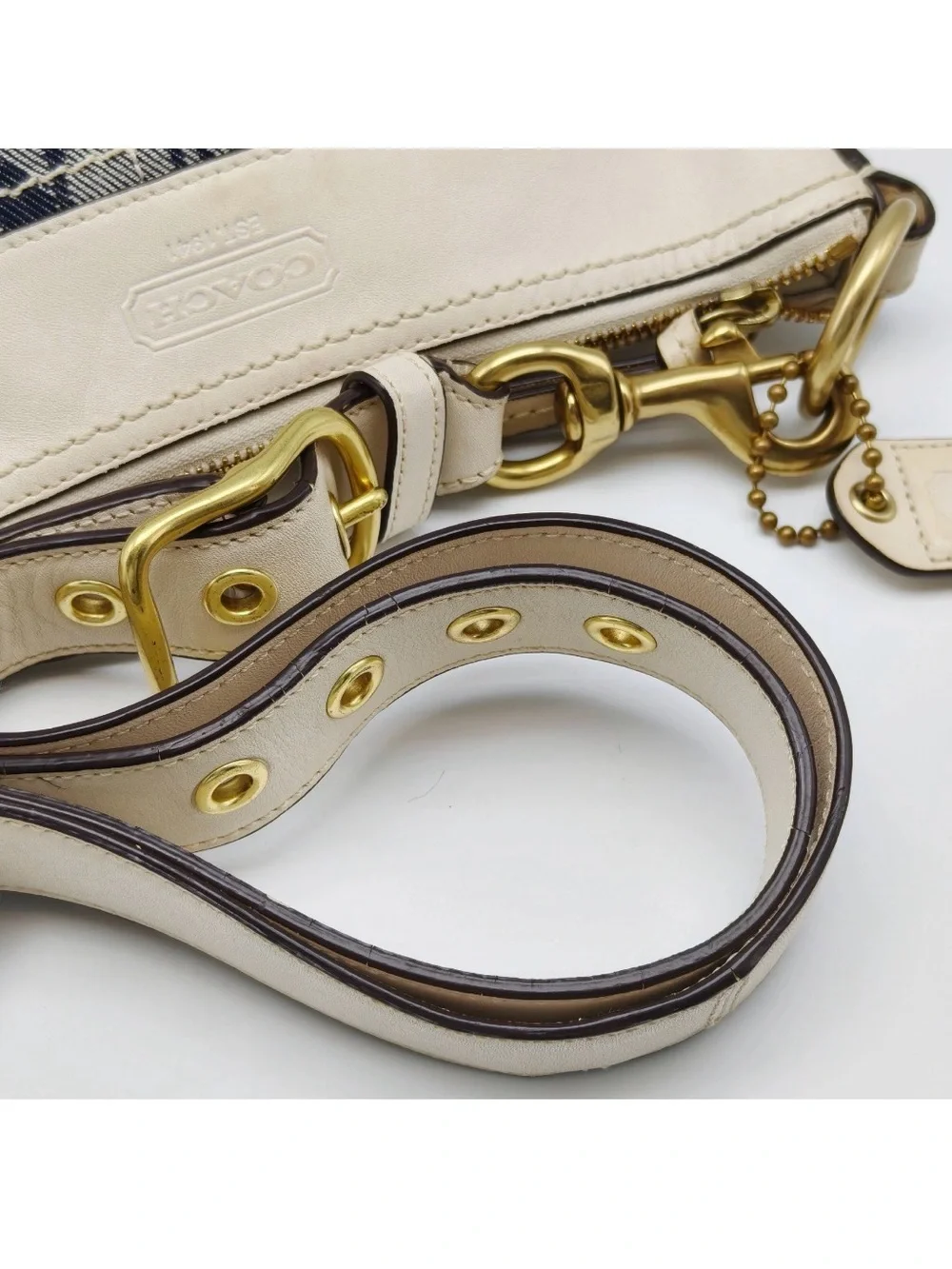 Coach Signature Denim Canvas Crossbody Bag Blue Ivory Leather